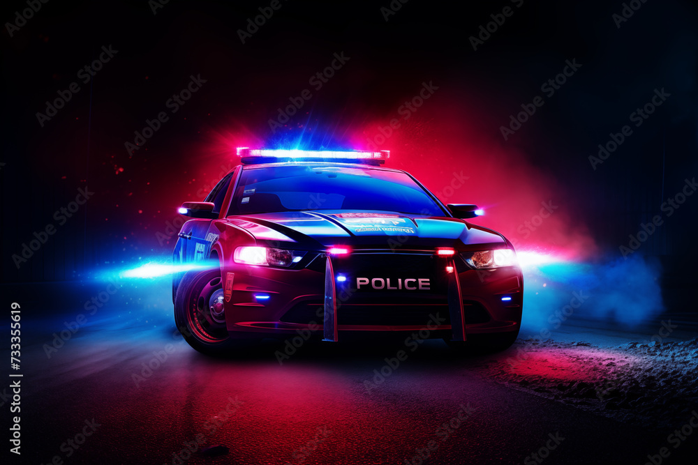 Police car with red and blue emergency lights flashing, illuminating the surrounding area. Generative AI