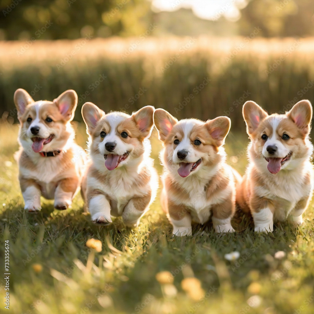 photography of a group of adorable corgi puppies frolicking in a sunlit meadow their fluffy. ai generative