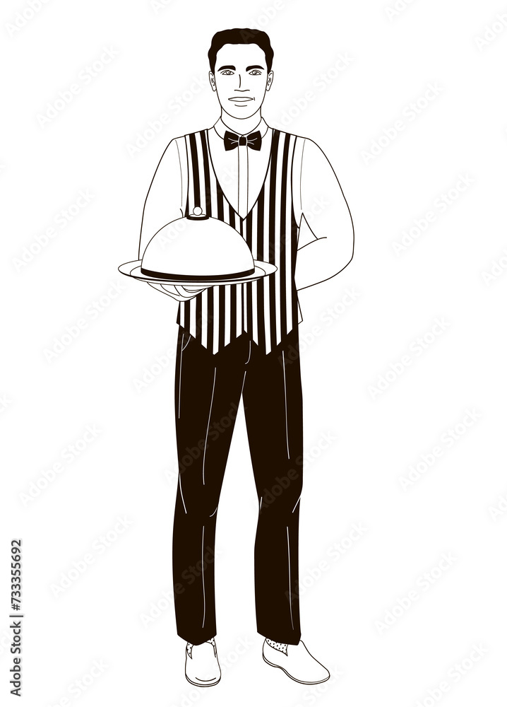 waiter man serving tray with Dish Food Cover