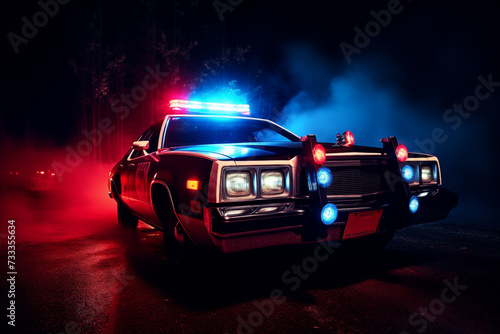 Retro police car with red and blue emergency lights flashing, illuminating the surrounding area. Generative AI © Nomad_Soul