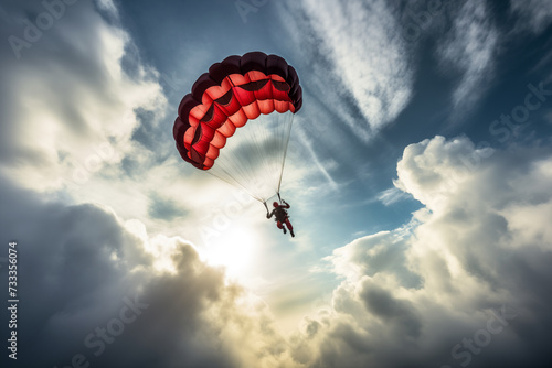 Extreme skydiver gracefully descending with an open parachute, against a backdrop of clouds. Generative AI