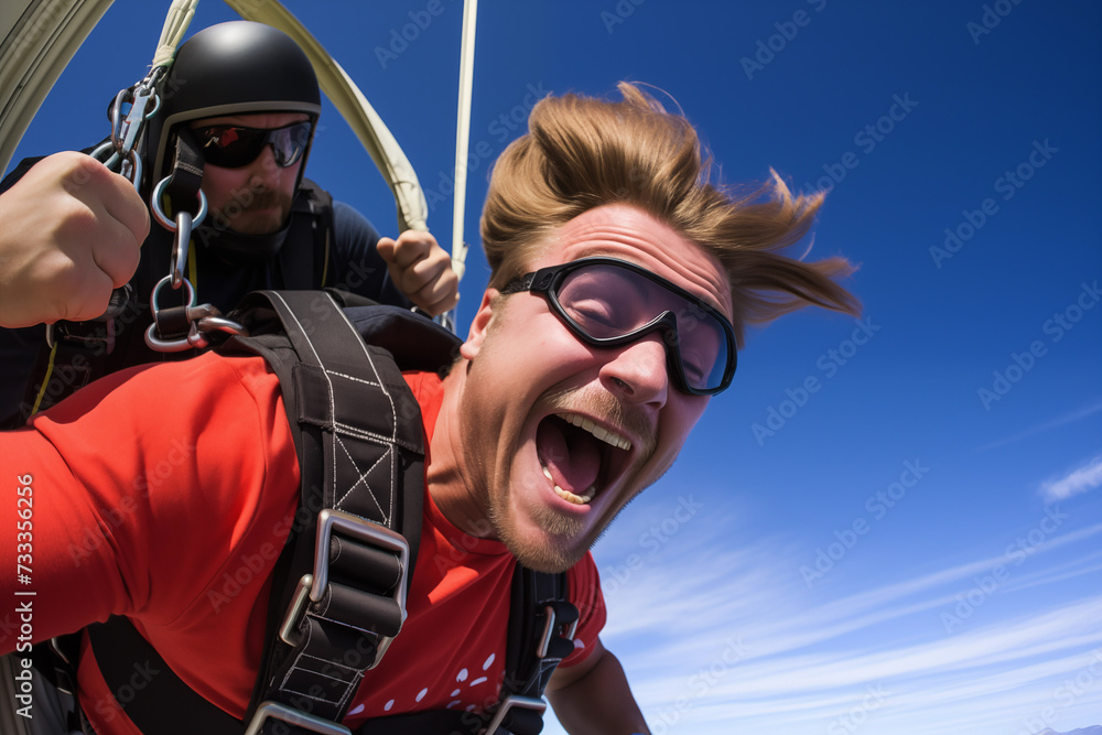 Tandem skydiving instructor and student jumping out of an airplane together. Generative AI - obrazy, fototapety, plakaty 