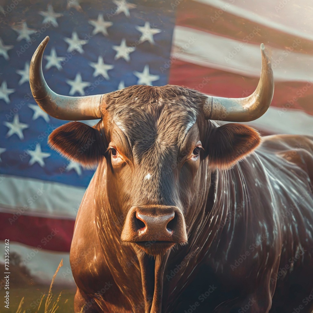 American bull with the US flag in the background, USA independence day concept. American bull with the US flag in the background, USA independence day concept.
