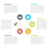 Business infographics template with 6 elements, steps, options, parts or processes. Isolated on white background.