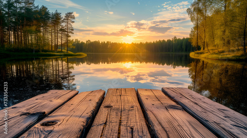 Wooden empty pier overlooking the lake at sunset on a summer evening © PETR BABKIN