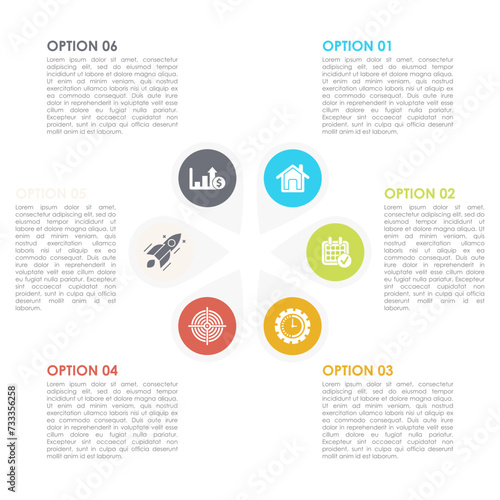 Business infographics template with 6 elements, steps, options, parts or processes. Isolated on white background.