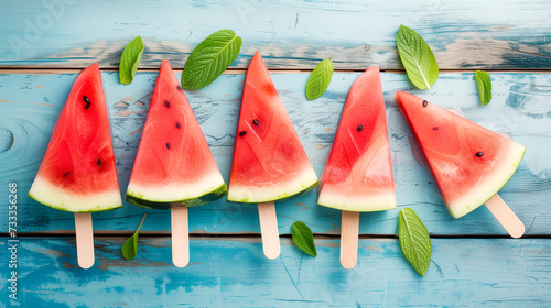 ice cream made from watermelon slices on a blue wooden table  top view