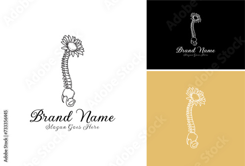 Sunflower with Human Spine Set Logo. Sunflower Radiologic Technologist Logo. Human spine backbone logo template.
