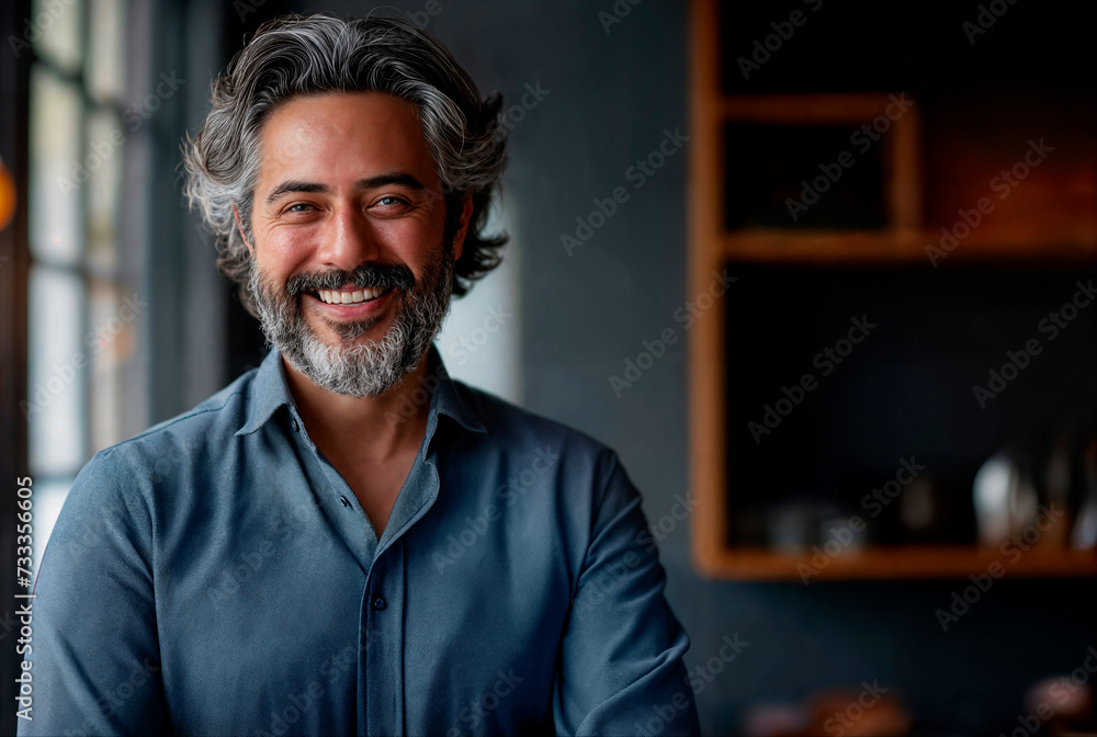 Smiling mature man with gray hair and beard in a stylish shirt, portrait indoors