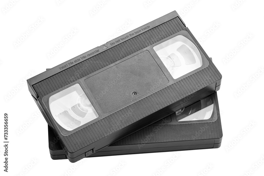 Two videotapes VHS isolated on white background. Vintage media.
