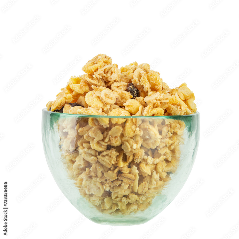 Cereal nutritious breakfast in a glass plate. Isolated on white background. Cereal nutritious breakfast in a glass plate. Isolated on white background.