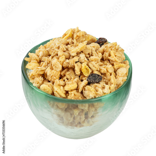 Glass bowl of muesli and granola isolated on white background. Healthy breakfast. Oatmeal.