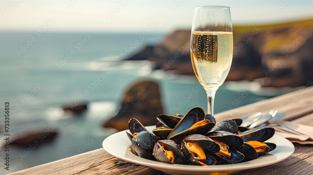 Restaurant dinner with mussels dish and champagne glass on sea resort wallpaper background
 - obrazy, fototapety, plakaty 