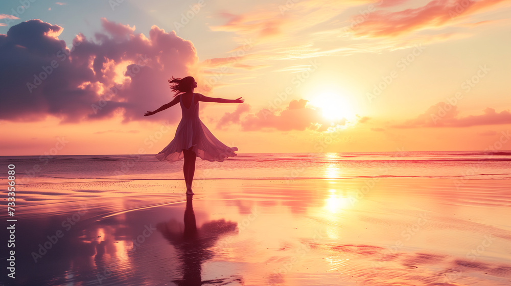 Euphoric Dance at Sunset on Beach, Freedom in Motion
