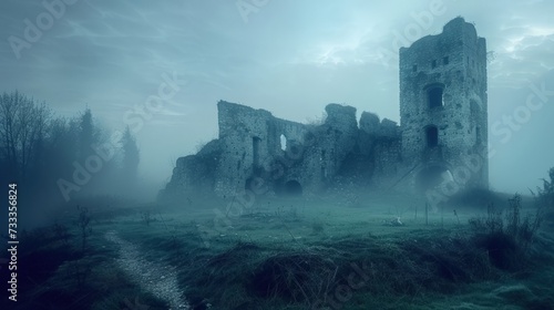  mysterious fog enveloped the old ruined castle photo