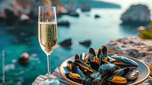 Restaurant dinner with mussels dish and champagne glass on sea resort wallpaper background 