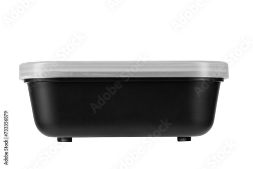 Closed black plastic box with a white lid isolated on a white background.