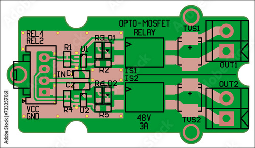 Vector printed circuit board of an electronic 
device with components of radio elements, 
conductors and contact pads placed on it. 
Engineering technical drawing.