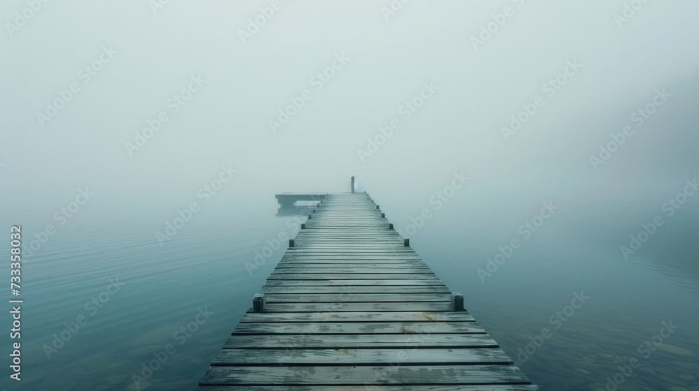 fog hid the wooden pier on the lake
