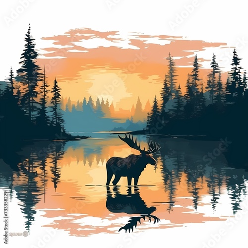 Majestic Elk Silhouette Against Dusk Sky by Mountain Lake © RobertGabriel