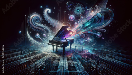 Ethereal piano in a digital dreamscape with floating luminescent notes.