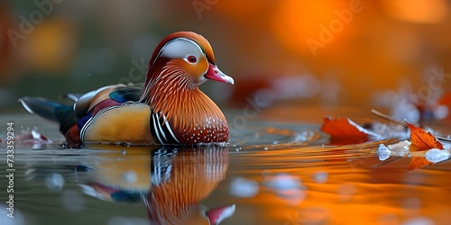 Vibrant mandarin duck on serene water. wildlife photography in golden hour. ideal for nature backgrounds. AI