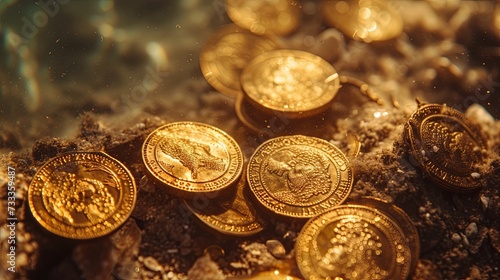 Old ancient golden coins money on sea bottom wallpaper background 
