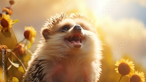 A hedgehog is standing in a field of sunflowers, AI