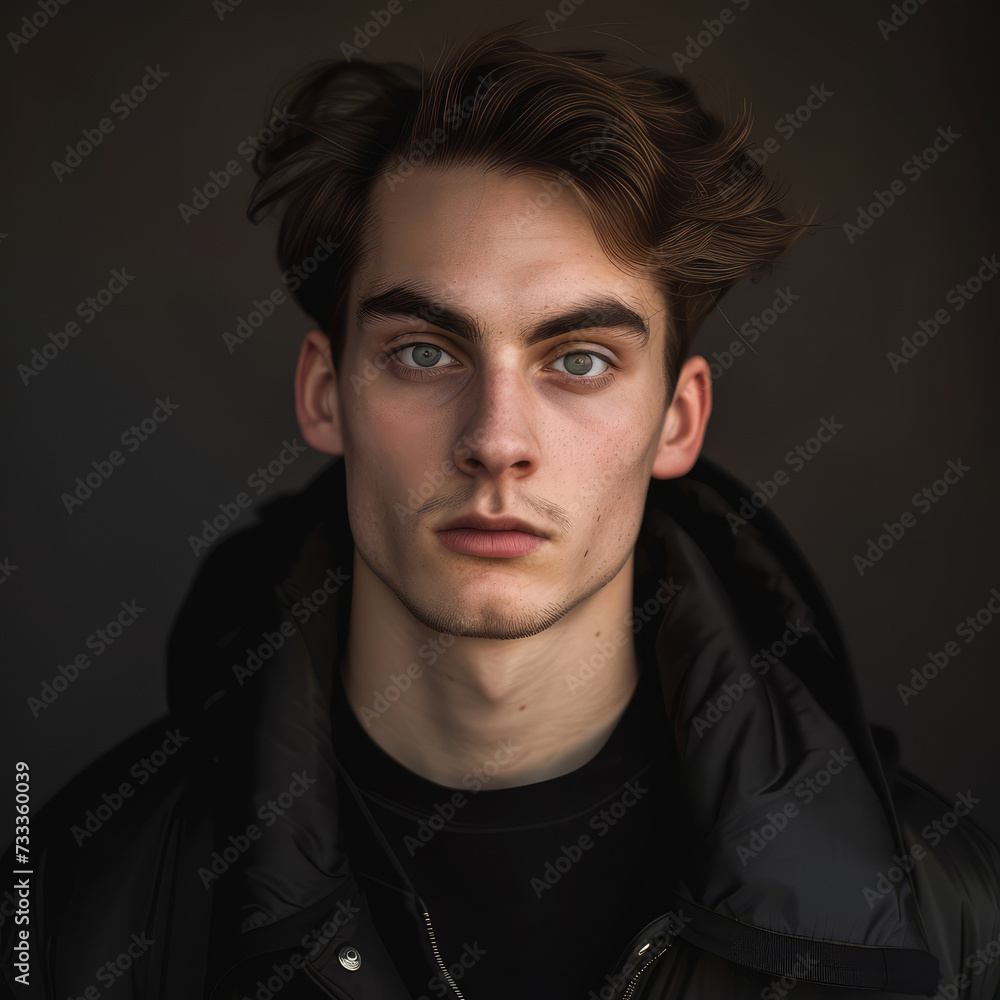 Portrait of a young handsome man with black jacket on a dark gray wall background. Concept of fashion, hair design, hair cut, hair style. Portrait of a young handsome man with black jacket on a dark gray wall background. Concept of fashion, hair design, hair cut, hair style.