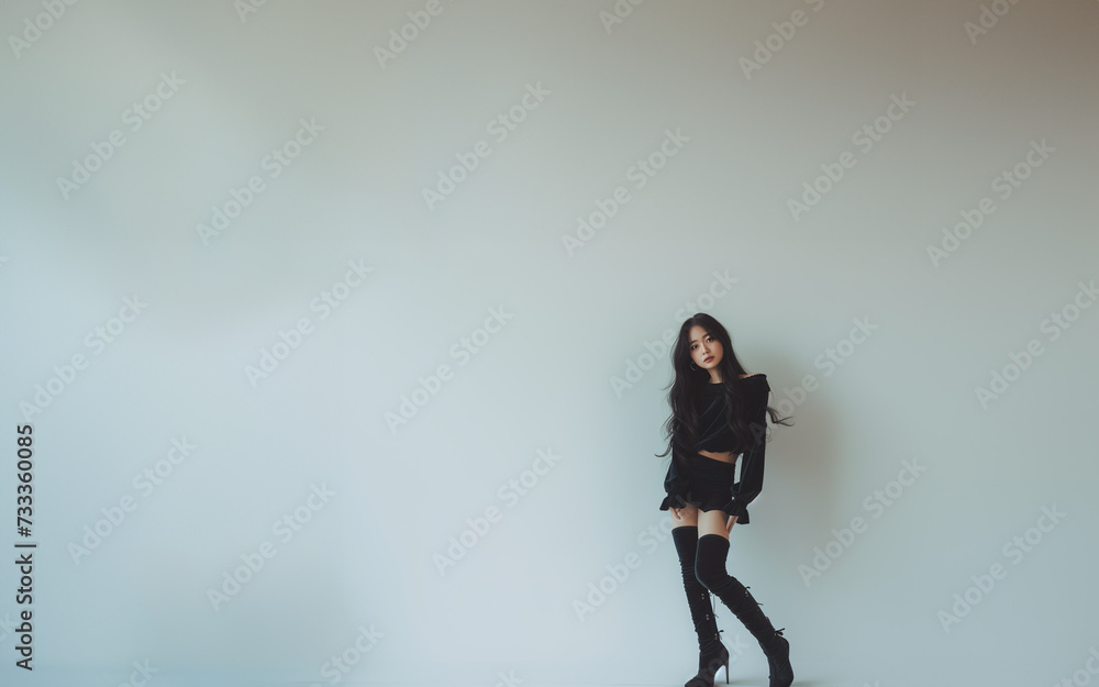 Mannequin, jeune chinoise adulte, habillée de noir avec de longues jambes en bottes cuissardes, et cheveux long sur fond gris espace négatif pour texte copyspace Mannequin, jeune chinoise adulte, habillée de noir avec de longues jambes en bottes cuissardes, et cheveux long sur fond gris espace négatif pour texte copyspace