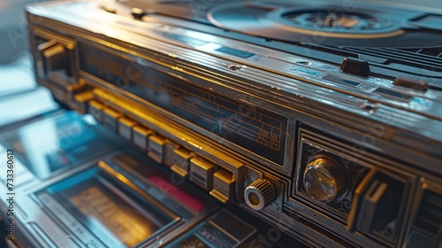 An up-close view of an old-fashioned stereo system. Perfect for nostalgic music lovers or vintage-themed designs photo