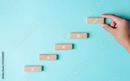 staircase, step, achievement, build, career, development, growth, ladder, plan, progress. use hand pick up the last correct icon put on wooden block of stair. the concept of choice without people.