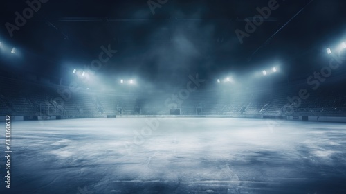 An atmospheric image of an empty ice rink covered in fog, illuminated by spotlights. Perfect for winter sports or event concepts