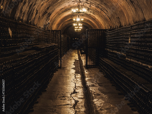 rows with bottles of wine in the corridor of an old winery. The room is dark