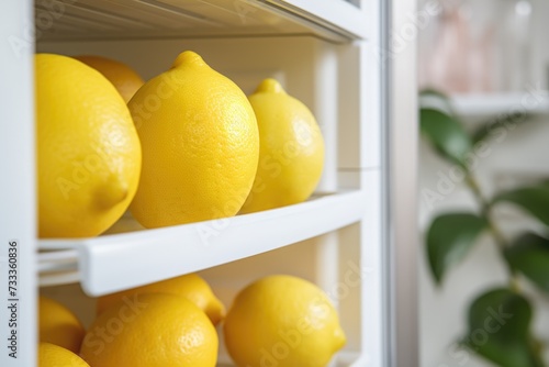 Lemons sitting on a shelf in a refrigerator. Suitable for food and kitchen-related concepts