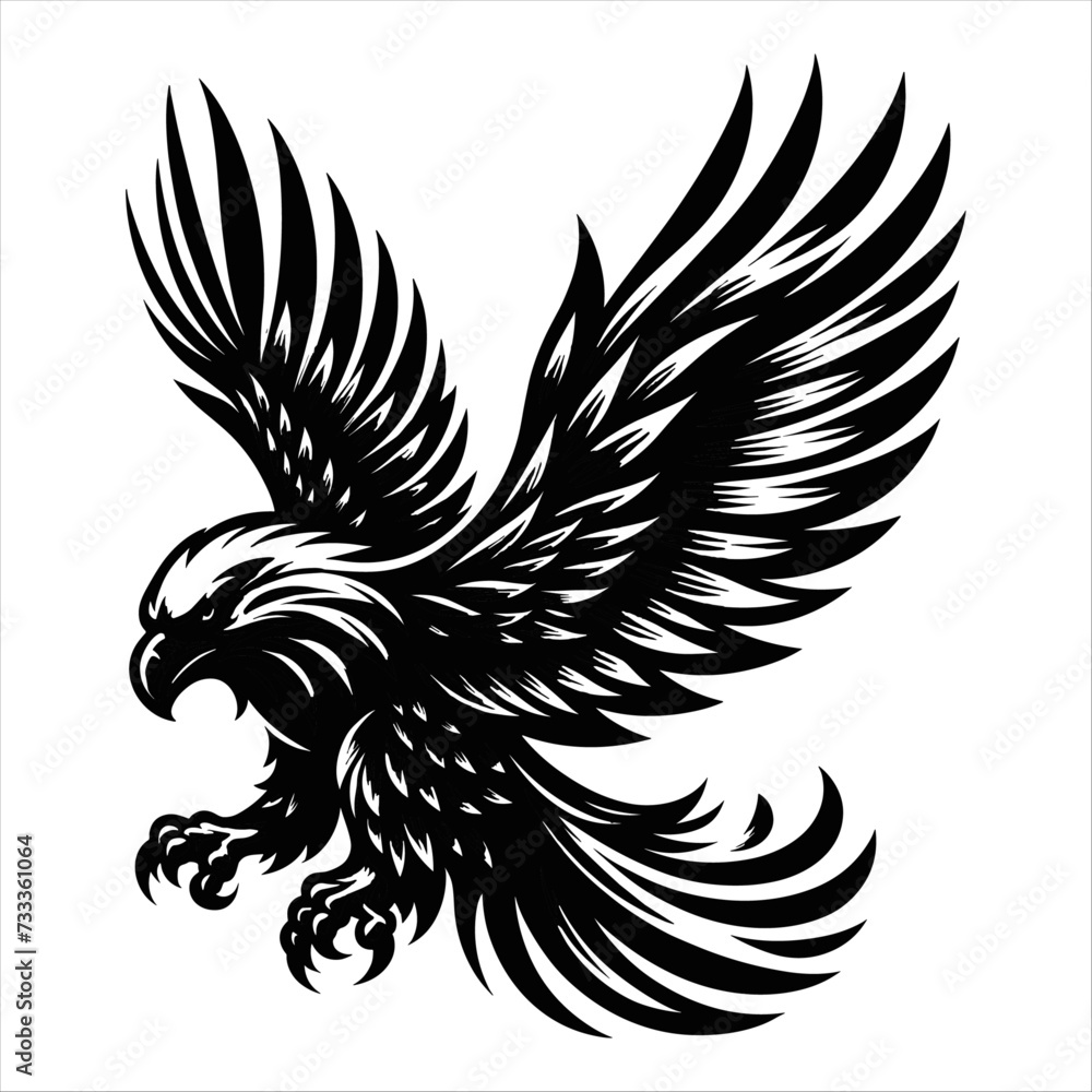 Vector illustration of an eagle with it's wings wide spread preparing to catch prey, generative ai.