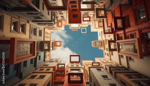 Looking Up at a Sky of Floating Windows and Buildings