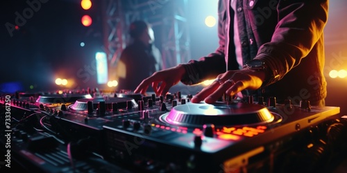 DJ playing music on a mixer at a concert. Perfect for capturing the energy and atmosphere of live music events. Great for promotional materials or articles about concerts and music performances