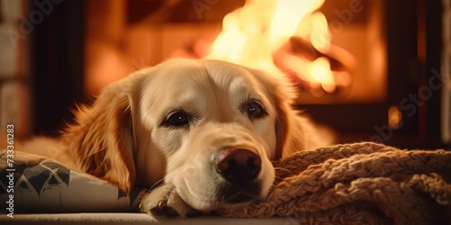 A dog peacefully rests on a cozy blanket in front of a warm fireplace. Perfect for home decor or pet-related content