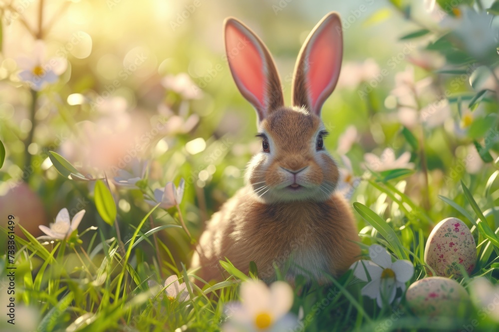 A cute rabbit is sitting in the grass surrounded by colorful Easter eggs. Perfect for Easter-themed designs and decorations A cute rabbit is sitting in the grass surrounded by colorful Easter eggs. Perfect for Easter-themed designs and decorations