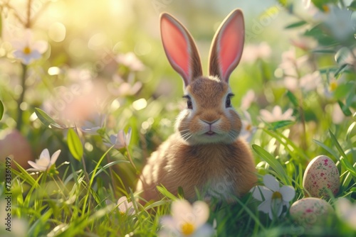 A cute rabbit is sitting in the grass surrounded by colorful Easter eggs. Perfect for Easter-themed designs and decorations