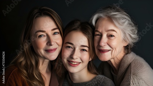 Three generations of joyful women in a close family portrait. smiling and posing in a studio setting. embrace of youth and age together. perfect for lifestyle depictions. AI