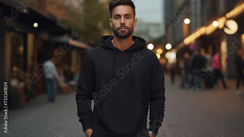 A man wearing a black hoodie stands on a city street. This image can be used to depict urban fashion or street style