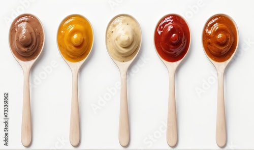 Tasty and various sauces on spoons isolated on a white background, top view