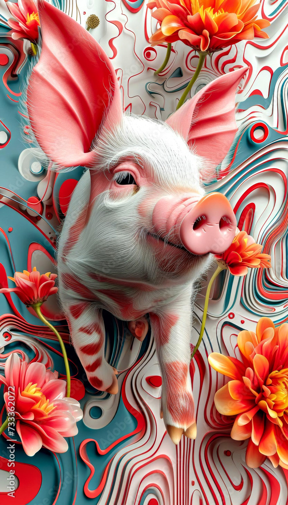 A cheerful piglet stands surrounded by vibrant, abstract floral designs and flowers. Greeting card for celebrating National pig day.