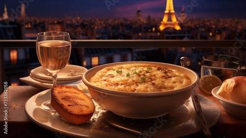 The traditional presentation of French Onion Soup with a golden cheese crouton, at the night view of the Eiffel Tower, Paris, France Based on Generative AI