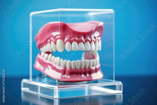 A plastic model depicting missing teeth. Can be used for educational purposes or dental presentations