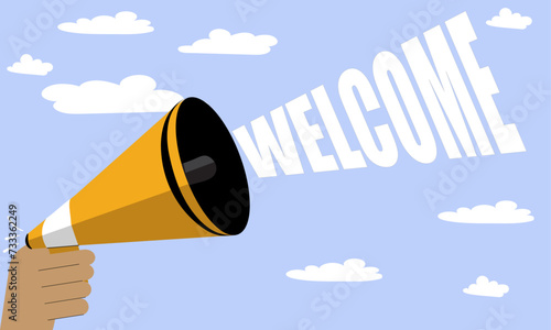 Megaphone or bullhorn with welcome text eminating as if the person is welcoming a new member of staff, New employee or successful candidate or interview, Business, marketing oradvertising banner  photo