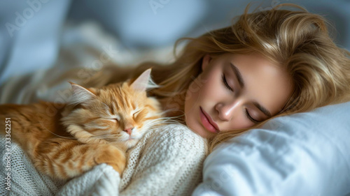 Woman and Ginger Cat Sleeping Peacefully. World Sleep Day concept. photo