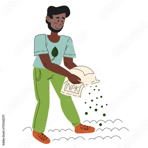 Male gardener sprinkles fertilizers, fertilizes the soil inorganic fertilizer. Flat colored vector illustration isolated on white background.